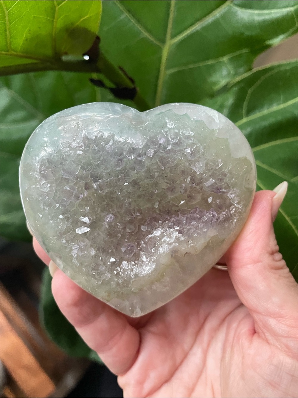 Green and purple amethyst crystal carved heart